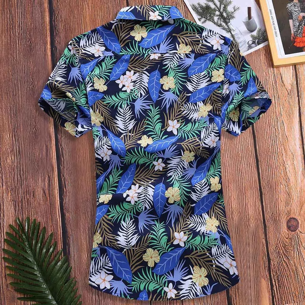 T-shirt Short Hawaii Tops Men Loose Slim Sleeve Turn-down Fashion Printed Men Shirts Ethnic Streetwear Loose Flower