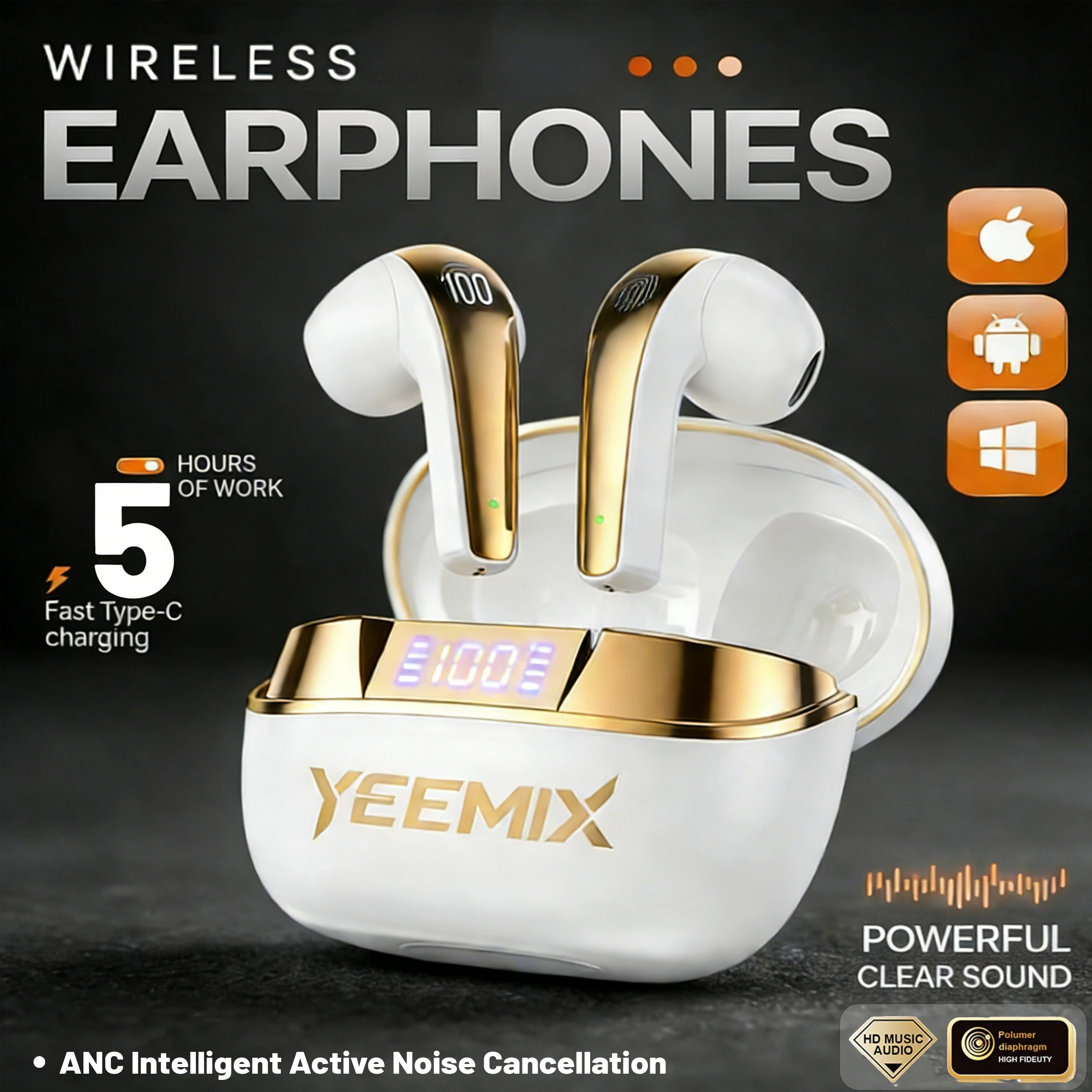 

YEEMIX X1 Wireless Earbuds ANC Active Noise Cancelling, Bluetooth 5.3 Headphones with ENC Call Reduction, HiFi Sound&LED Display