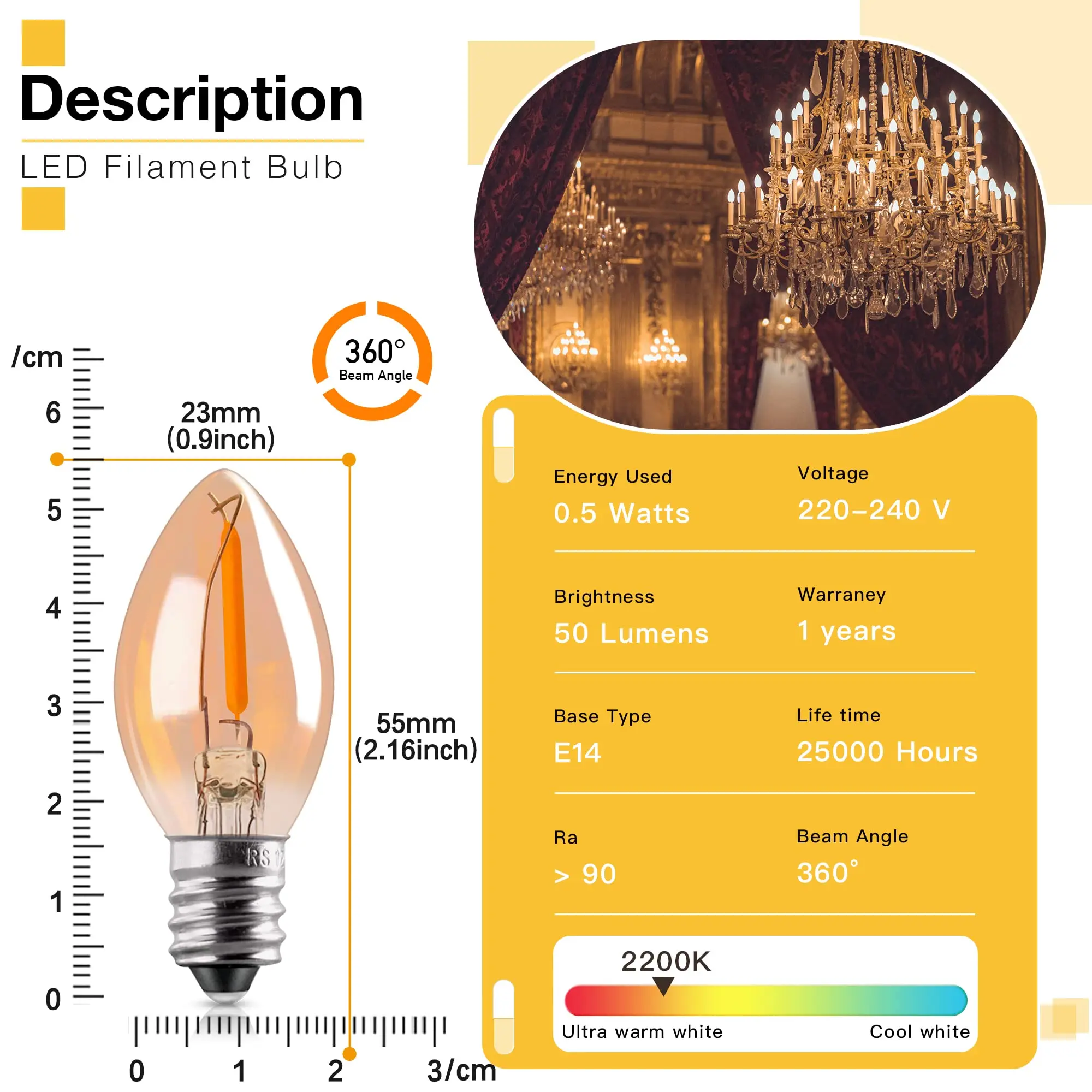 C7 LED Night Light Bulbs E12 replacement led bulbs 0.5W Amber Glass Warm White 2200K For string light Candelabra Chandelier