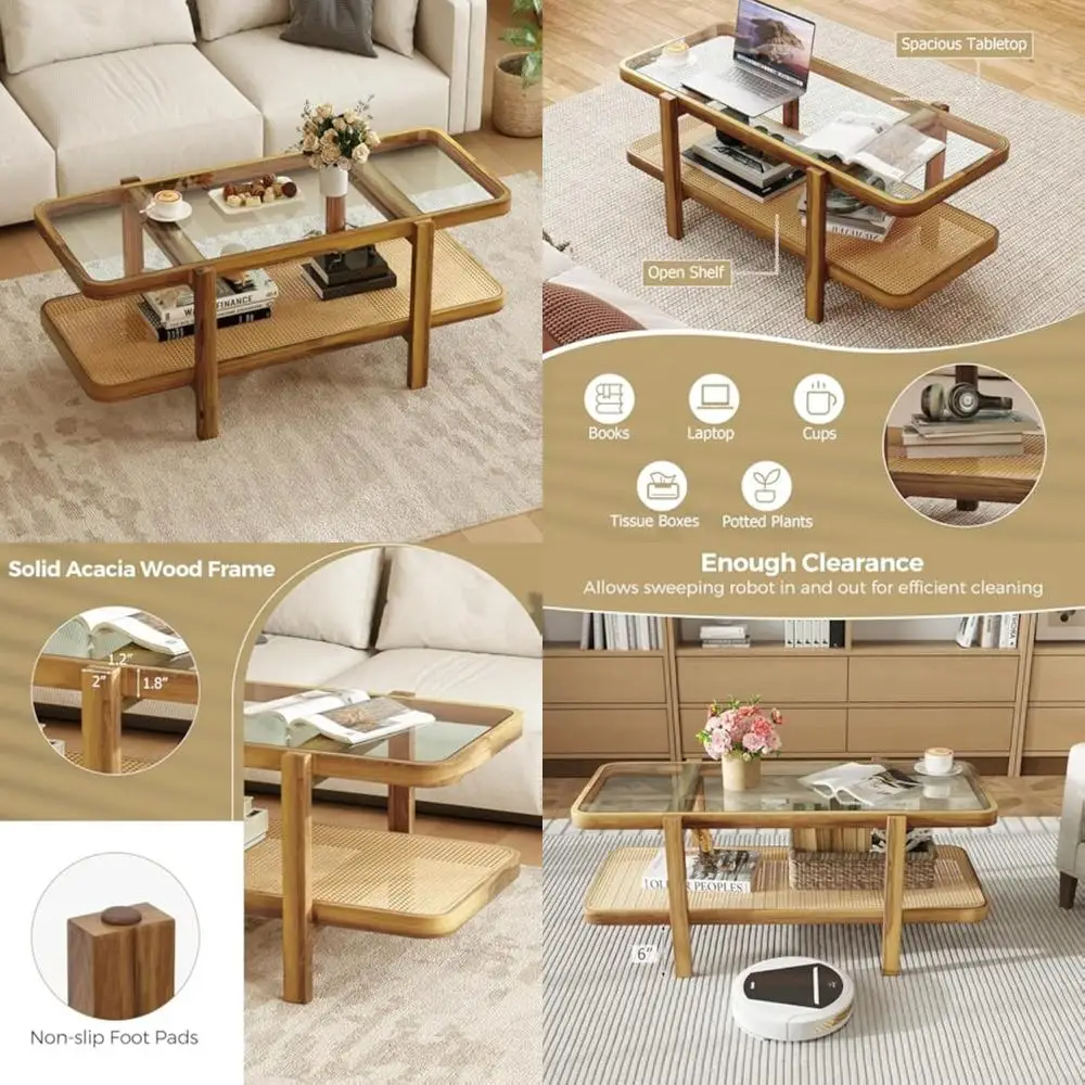 

Прямоугольный журнальный столик из цельного дерева со столешницей из закаленного стекла и полкой для хранения из ротанга, 47,5 x 2 яруса