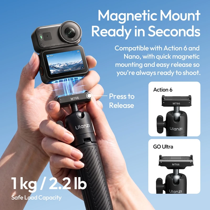 Ulanzi MT66 Mini Statyw z Szybkim Montażem i Kijek Selfie do DJI Action 6/Nano, Uchwyt Statywu Ultra Mini do Insta360 GO, Idealny w Podróży — zdjęcie produktu 4
