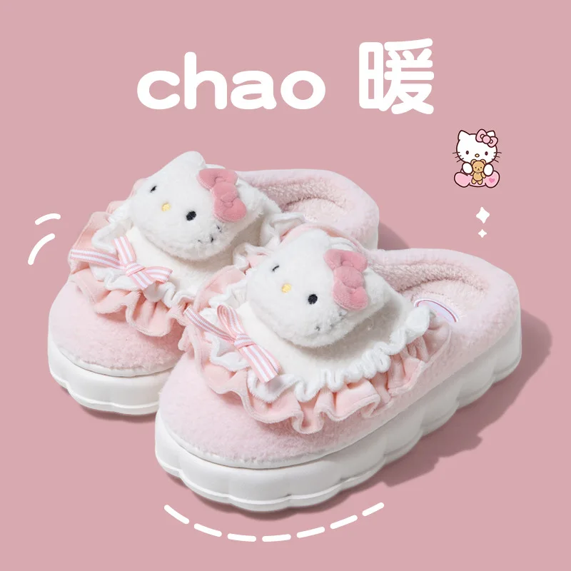 Zapatilla bonita de Hello Kitty para mujer y niña, Zapatillas de casa antideslizantes con dibujos animados Sanrio Melody, zapatos cálidos de invierno