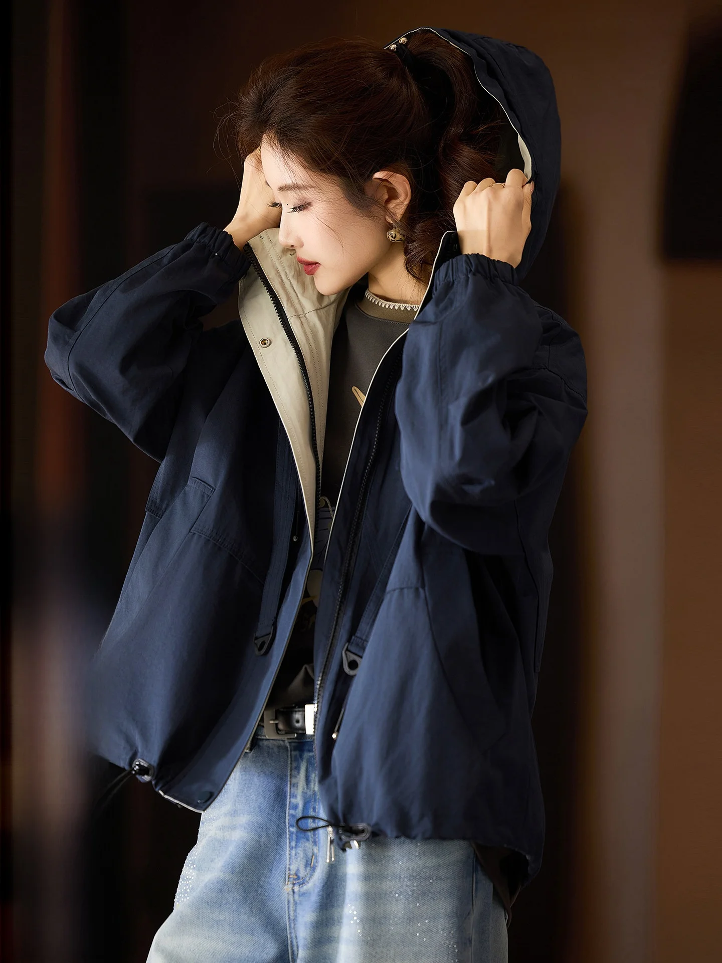 

Женская уличная куртка с капюшоном, свободного кроя, с цветными блоками, с завязками на талии, весенняя новинка, из нейлоново-хлопковой смеси, теплая, для повседневной носки