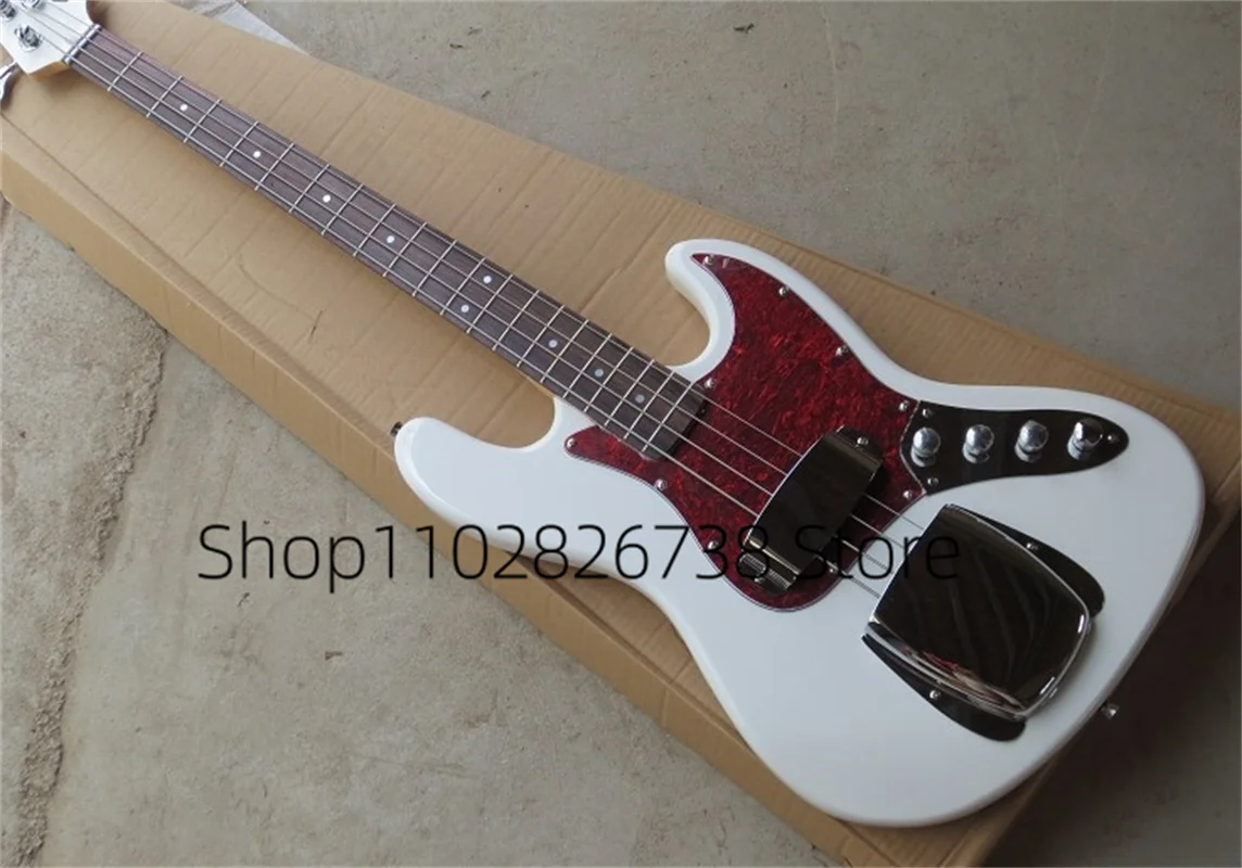 4 Strings Bass Guitar White Body Ja Bass Maple Neck Iron Mantle Red Tortoise Shell Guard Factory Custom Color