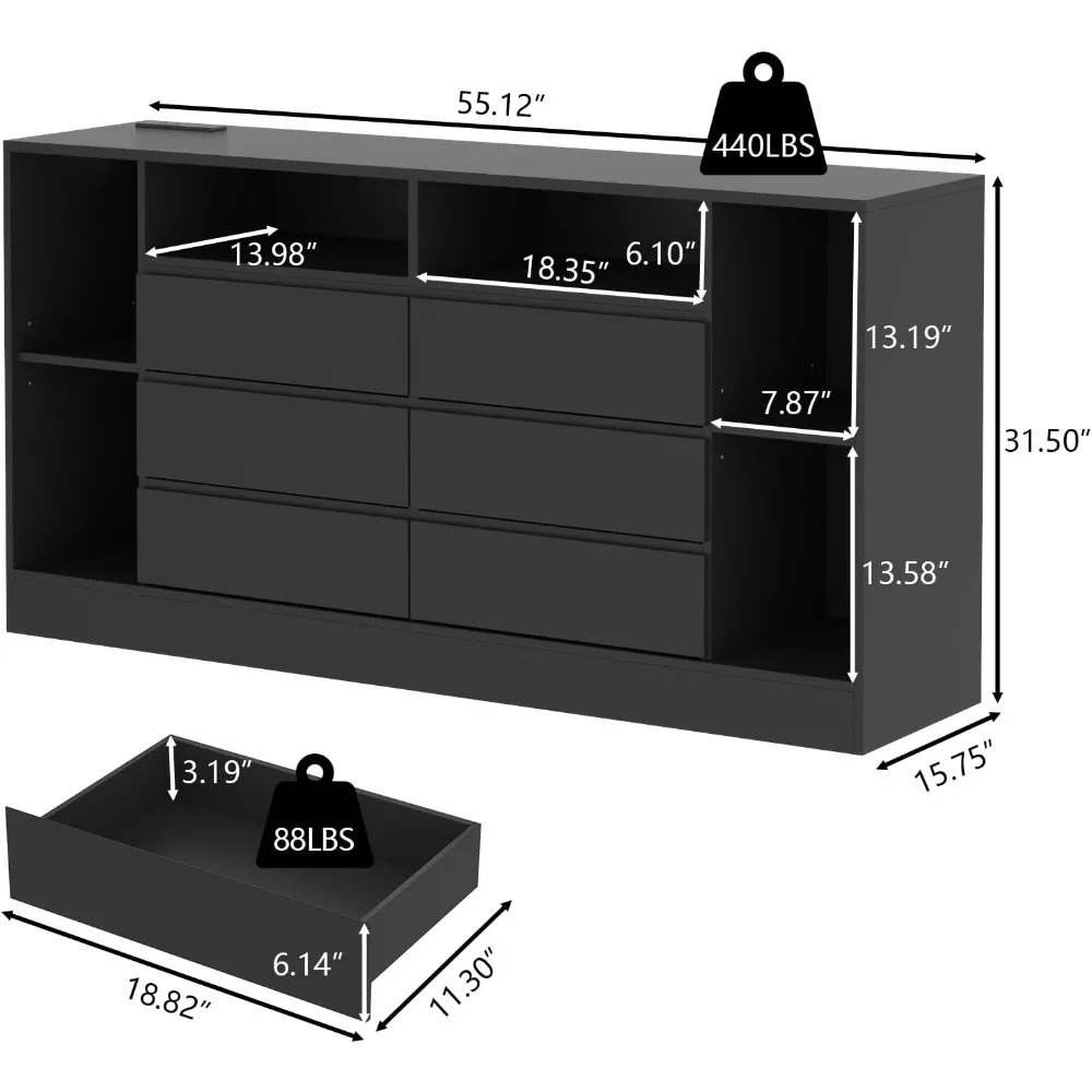 6 Drawers Dresser with 6 Open Storage Cubbies, LED Dressers & Chests of Drawers with Power Outlet, 55