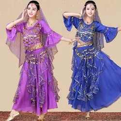 Lady's Belly Dance Chiffon Banadge Top Sequins Skirts Set Halloween Bollywood Costume Rave Outfit Coins Gypsy Hip Scarf Bracelet