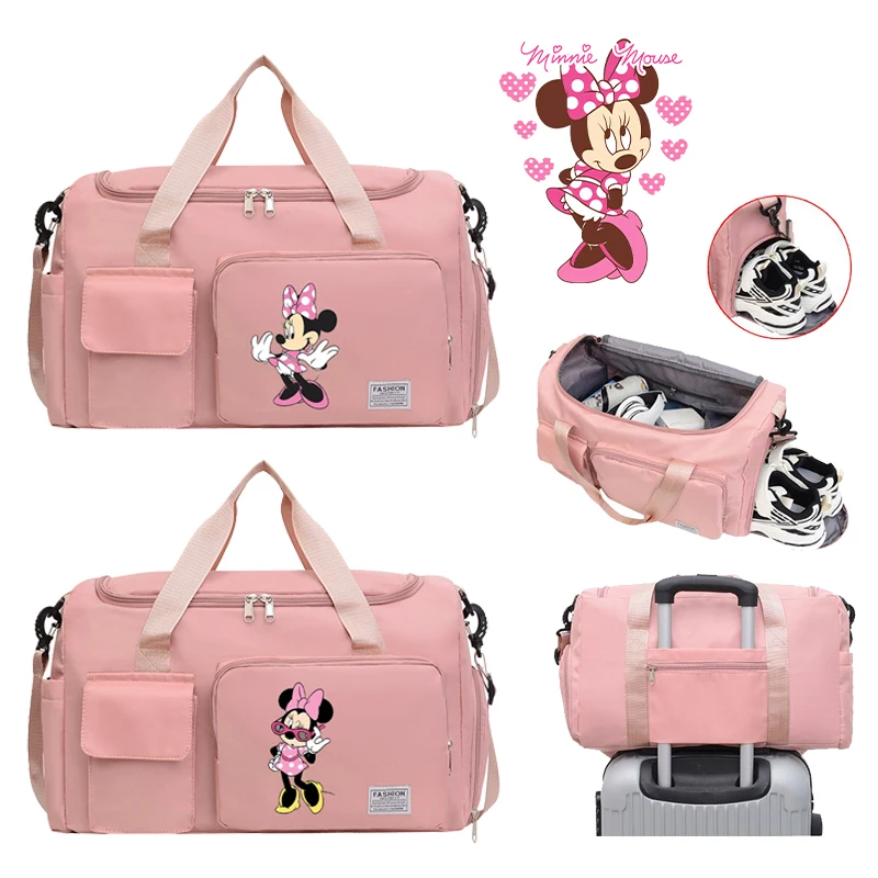 Disney Minnie Mouse Cartoon Tote Travel Bag Large Capacity Clothes Storage Bags Gym Duffle Pack with Shoe Compartment HandBag