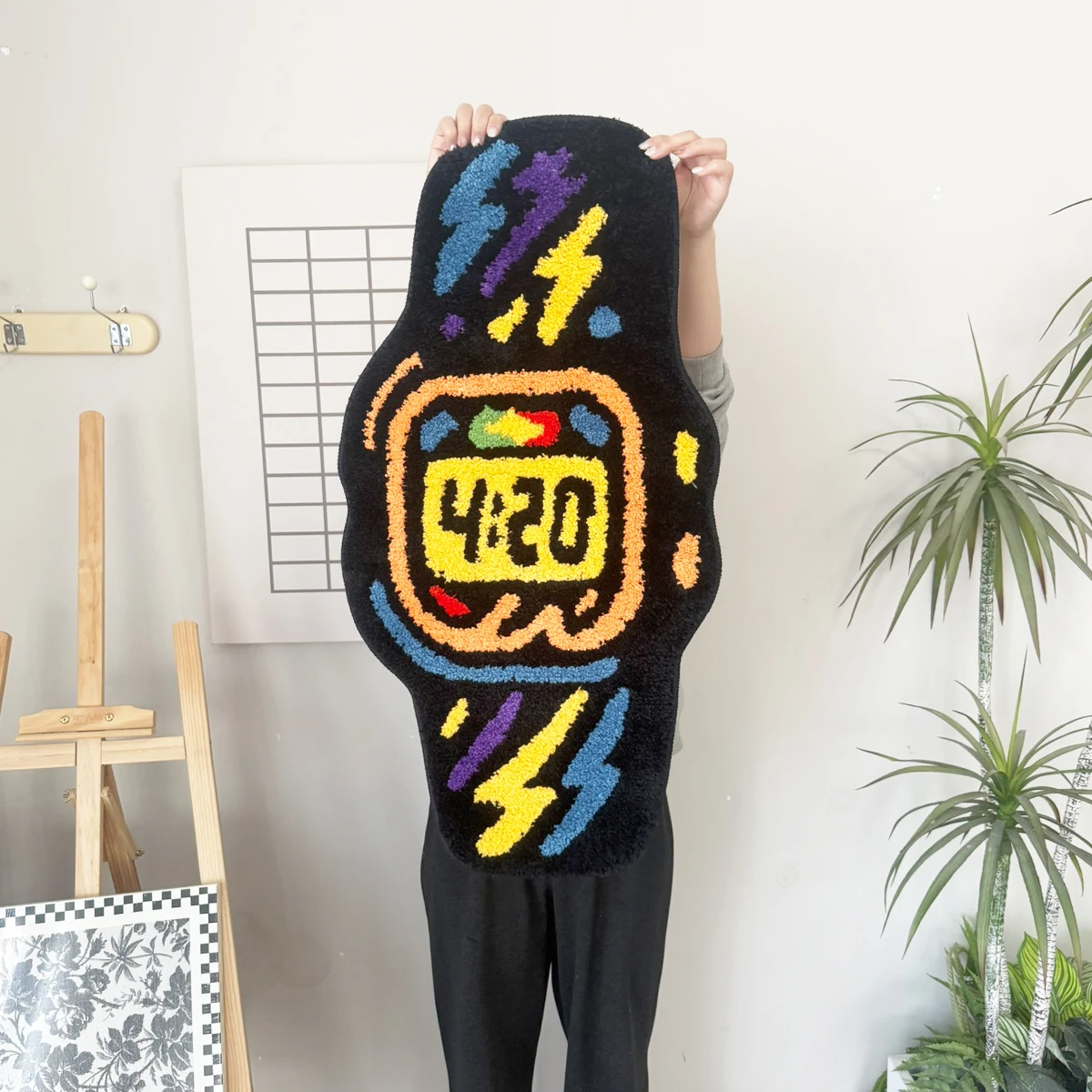 Funky 4:20 Watch Tufted Floor Rug, Chunky Flocking Graffiti Watch Mat Anti-Skid Cool Decor for 4:20 Culture Fans, Modern Bedroom