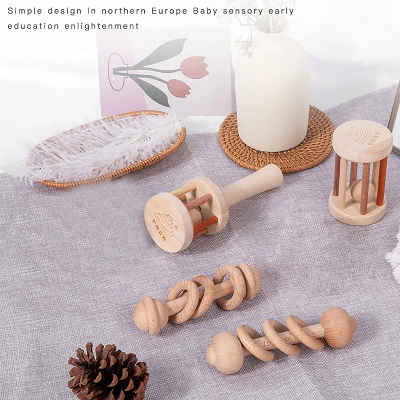 FBIL-Infant Beech Solid Wood Stroller Toy Early Childhood Education Trolley Hand Rattle Early Education Wooden Comfort Toy