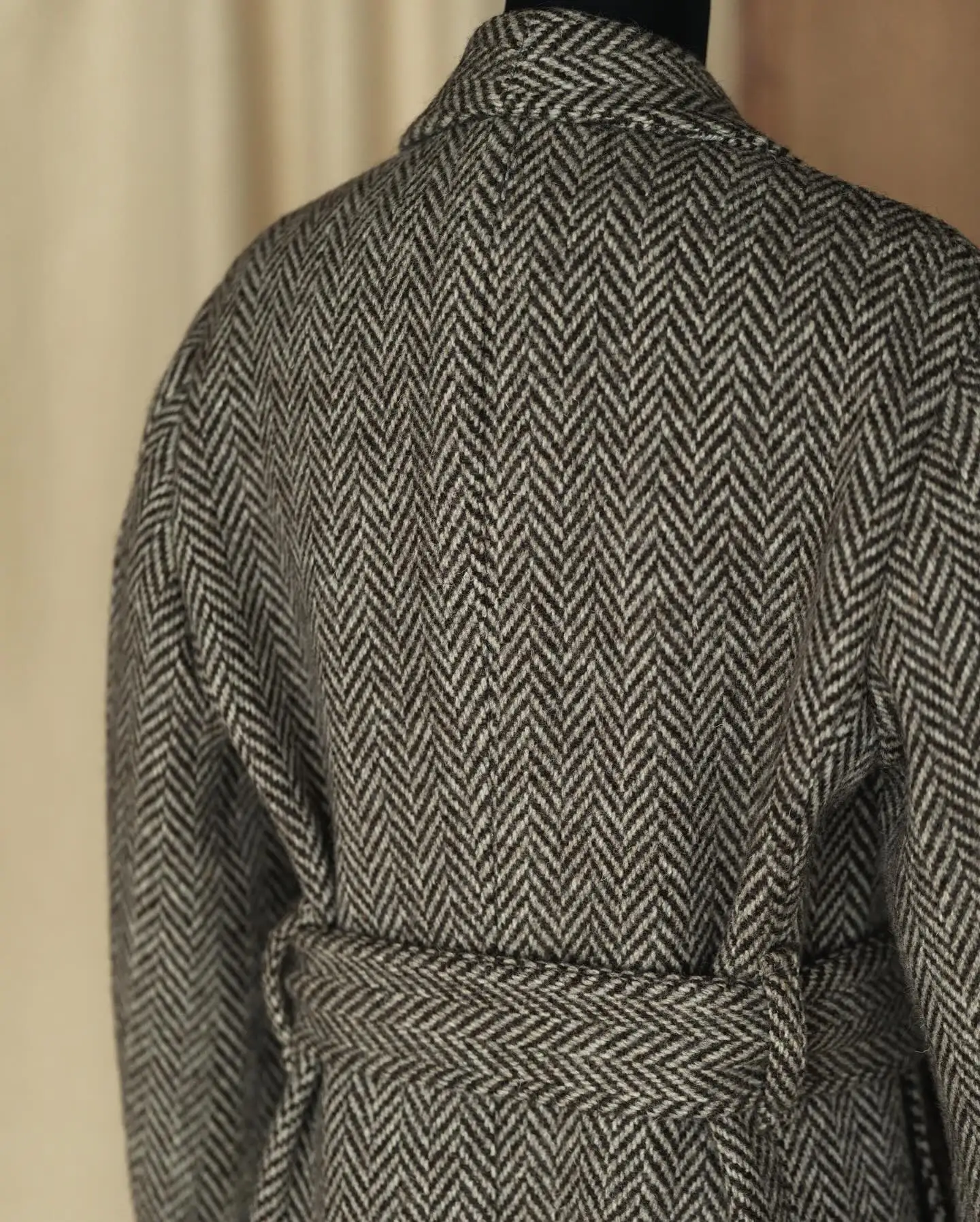 Wool Blend Coat Men Over Jacket with Belt Herringbone Pattern Double Breasted Overcoat Plus Size Warm Formal Business Tailored