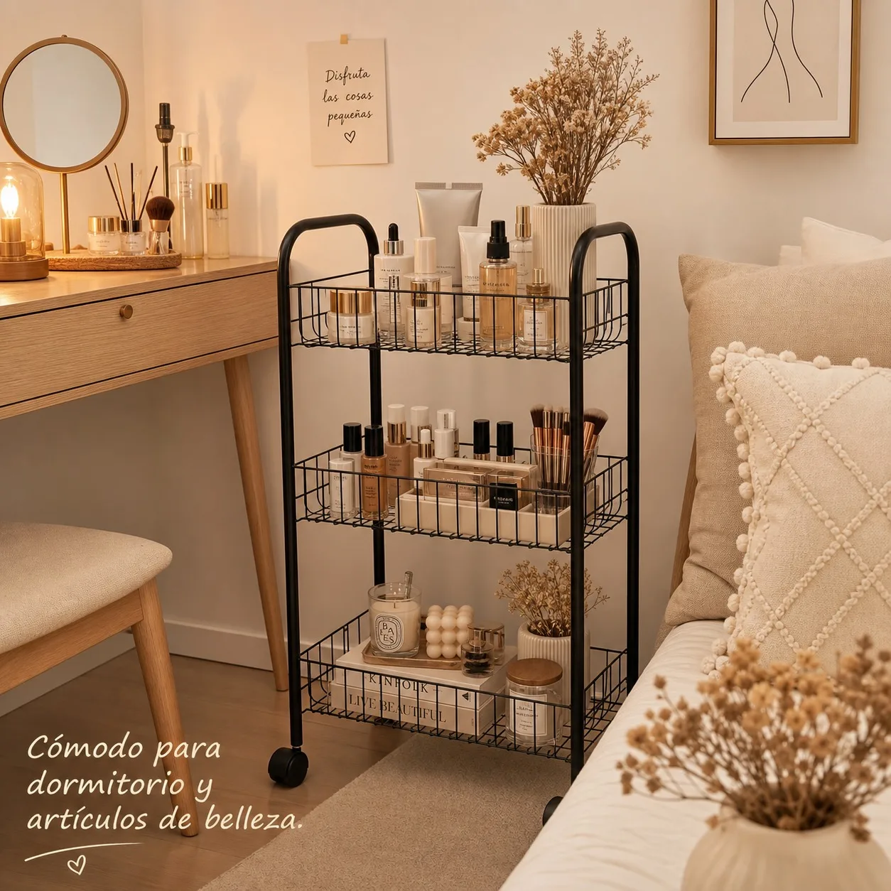 Chariot utilitaire pour cuisine et salle de bain avec roulettes, étagère d'organisation à 3 niveaux en acier au carbone, chariot de rangement polyvalent pour fruits et cosmétiques, 38x26x62cm, noir