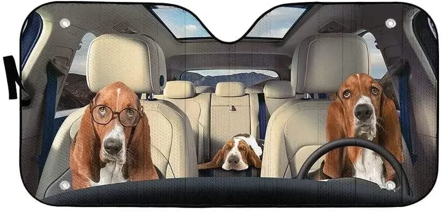 Basset Hound Dog Wearing Glasses Sunny Day Left Hand Car Sunshade, Funny Basset Hound Family Driving Auto Sun Shade, Windshield