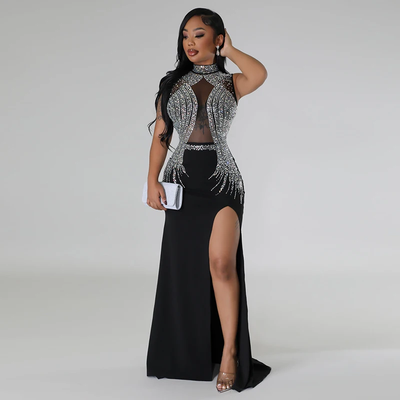 Damen Sommer mode ärmellose Hot Diamond Perspektive Mesh Kleid elegant und elegant Stil gewickelt Hüfte langes Kleid Kleid