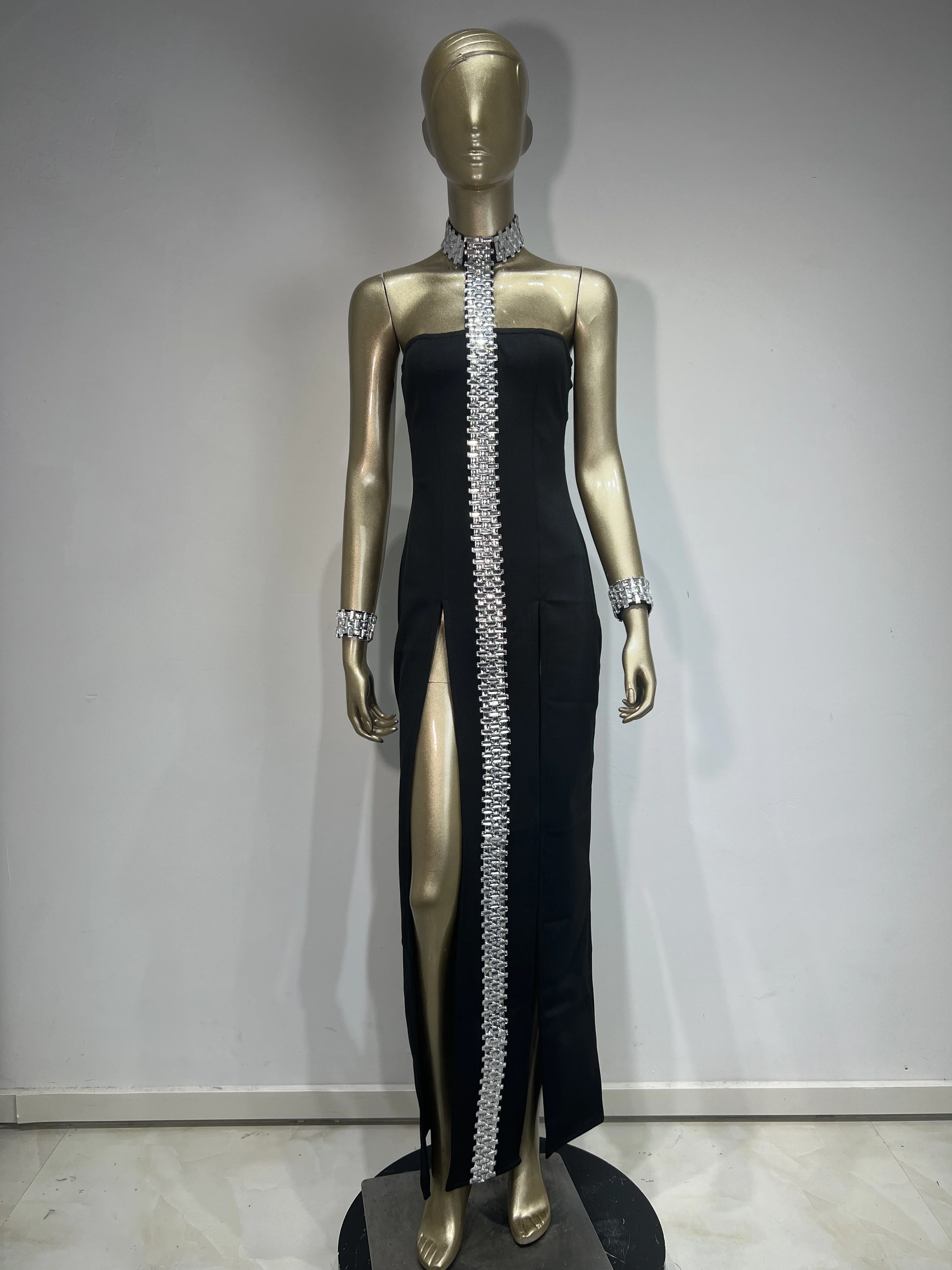 Women Celebrity Luxury Sexy Diamonds Purple Black Maxi Long Bodycon Bandage Dress 2024 Elegant Evening Club Party Dress