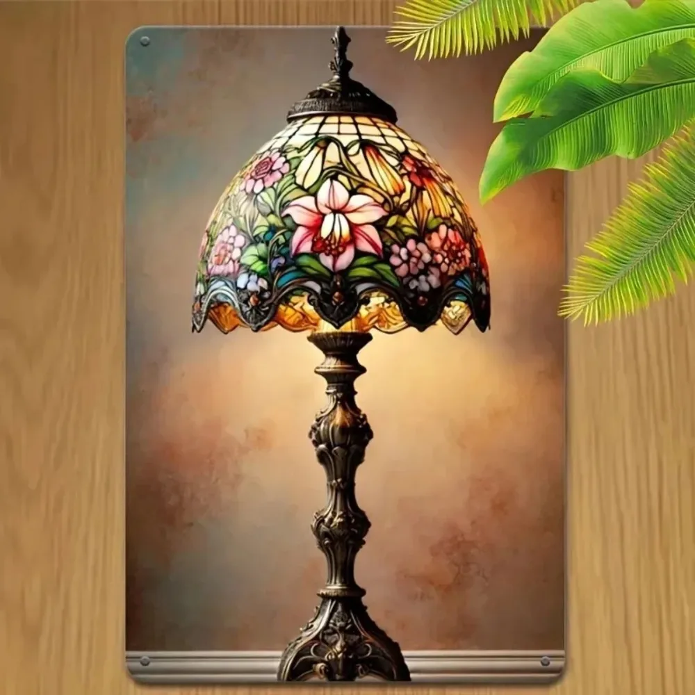 2D Flat Elegant Floral Glass Table Lamp Aluminum Wall Decor Ornament, Vintage Warm Beige Brown Tones Plaque for Home Bedroom