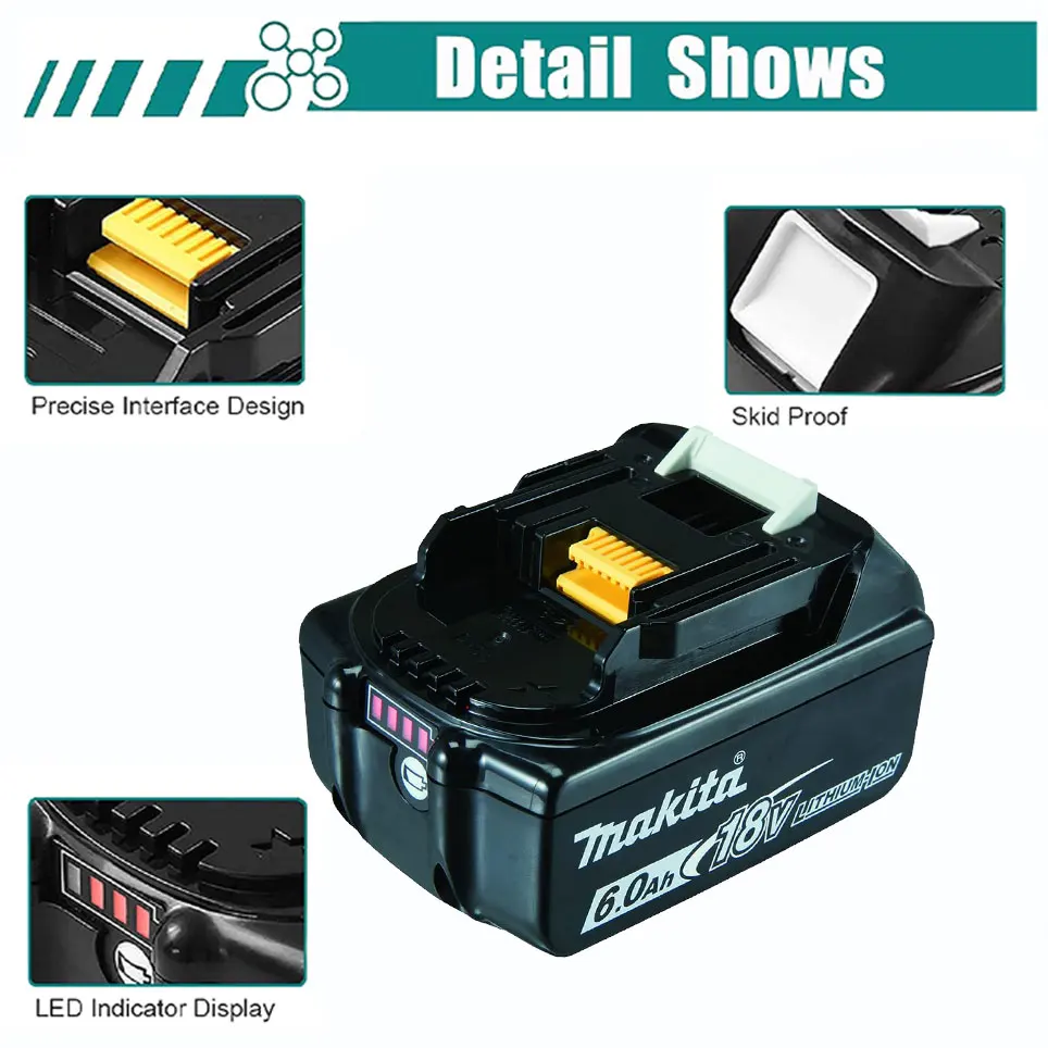 Makita-Original Lithium Ion bateria de substituição com LED, 18V, 6.0Ah, LXT, BL1860B, BL1860, BL1850, ferramenta elétrica recarregável, 6000