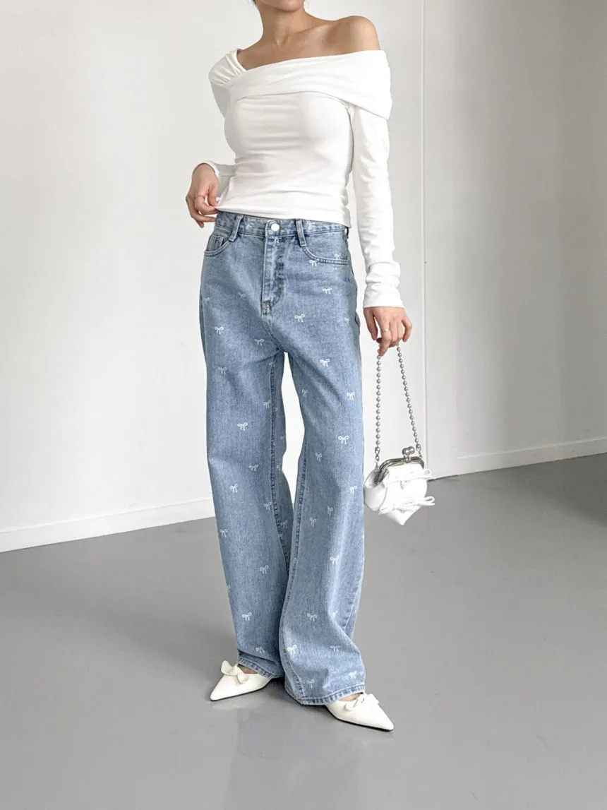 High Waisted Women Denim Jeans 2024 Autumn Bow Embroidered Wide Leg Straight Full-length Pants Trousers Korean Fashion Chic Jean