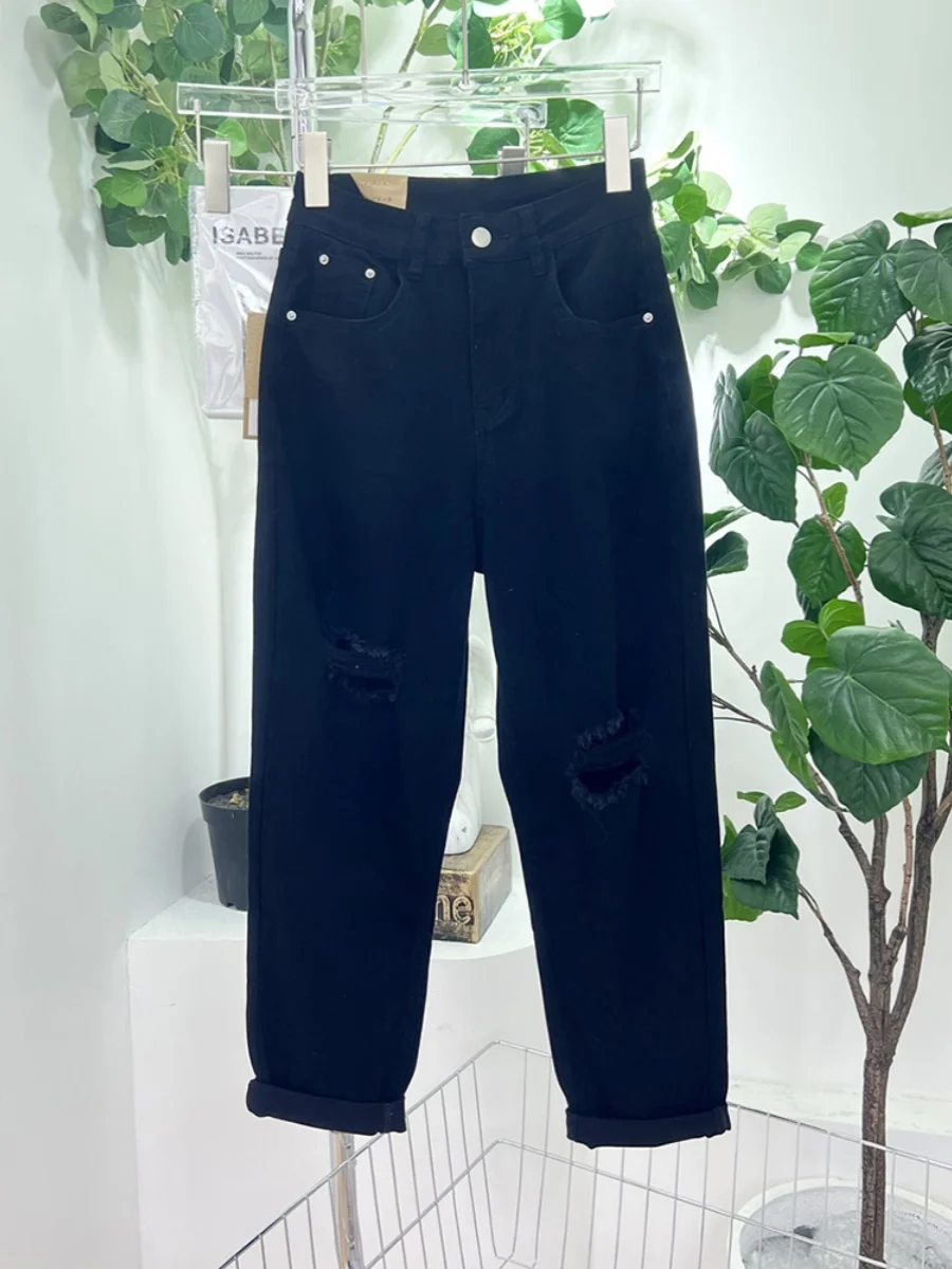 กางเกงยีนส์ฮาเร็มเอวสูงไซส์ใหญ่ ดีไซน์ขาด ทรงตรง ช่วยพรางหุ่น สีน้ำเงินเข้ม รุ่นใหม่ล่าสุดสำหรับฤดูร้อน สำหรับคนไซส์ใหญ่