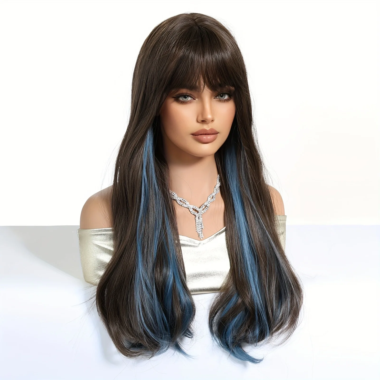 باروكة صناعية مجعدة ومستقيمة بطول 60.96 سم للنساء - بني طبيعي مع خصلات زرقاء مثالية لحفلات الهالوين #6
