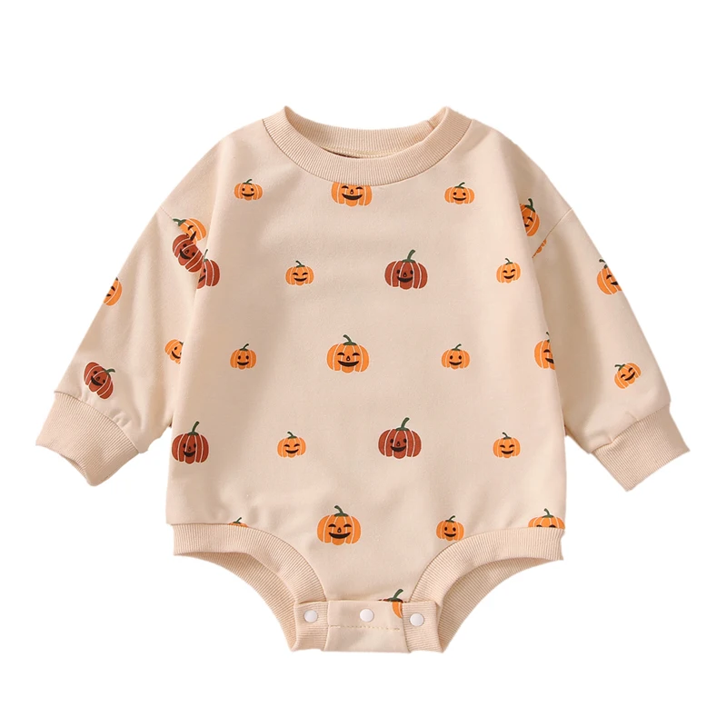 

Baby Halloween Romper Long Sleeve Smiling Pumpkin Crew Neck Snap Romper Infant Toddler Boys Girls Triangle Bottom Jumpsuit