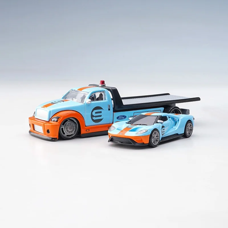 Maisto 1/64 Ford GT trailer set GULF small alloy car model simulation Small scale car model ornaments can slide.