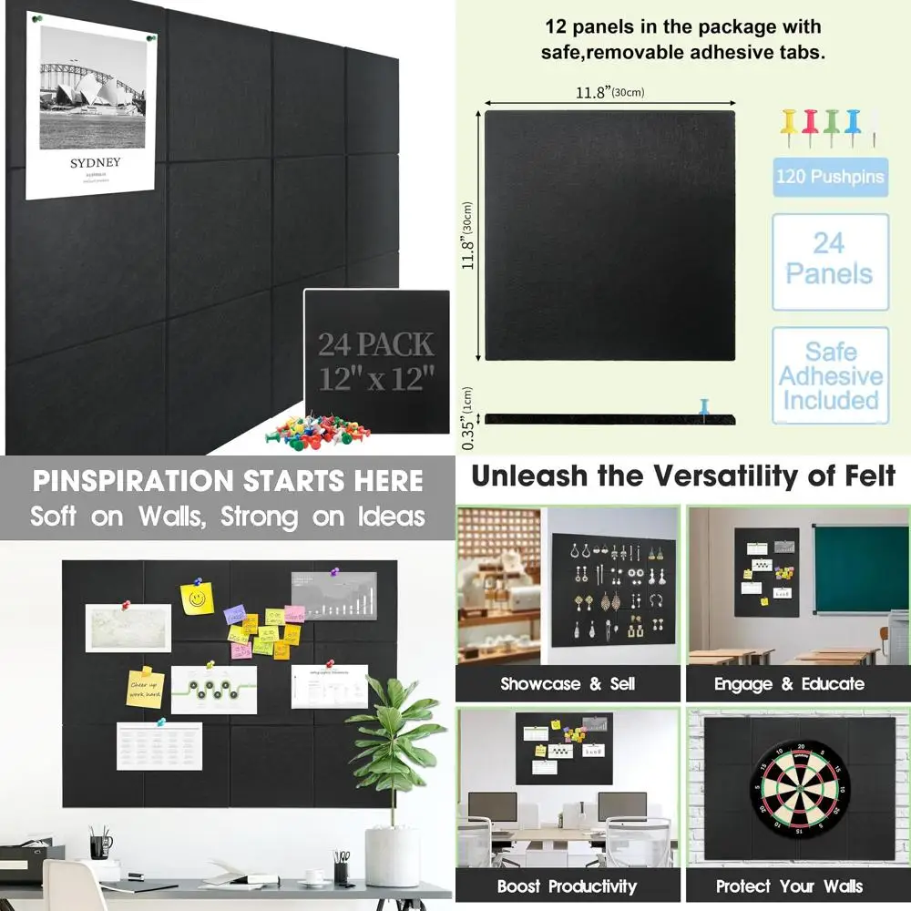 

Набор из 24 черных фетровых настенных плиток 70x47 см с клейкими липучками и кнопками, альтернатива доскам из пробки для дома и офиса