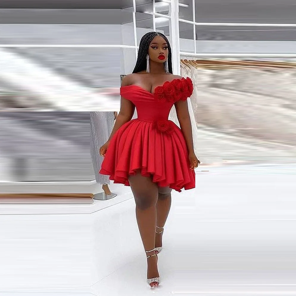 

Red A Line Mini Party Dresses Off Shoulder Floral Dress Draped Short Pleated Prom Gowns Flowers Handmade Knee Length