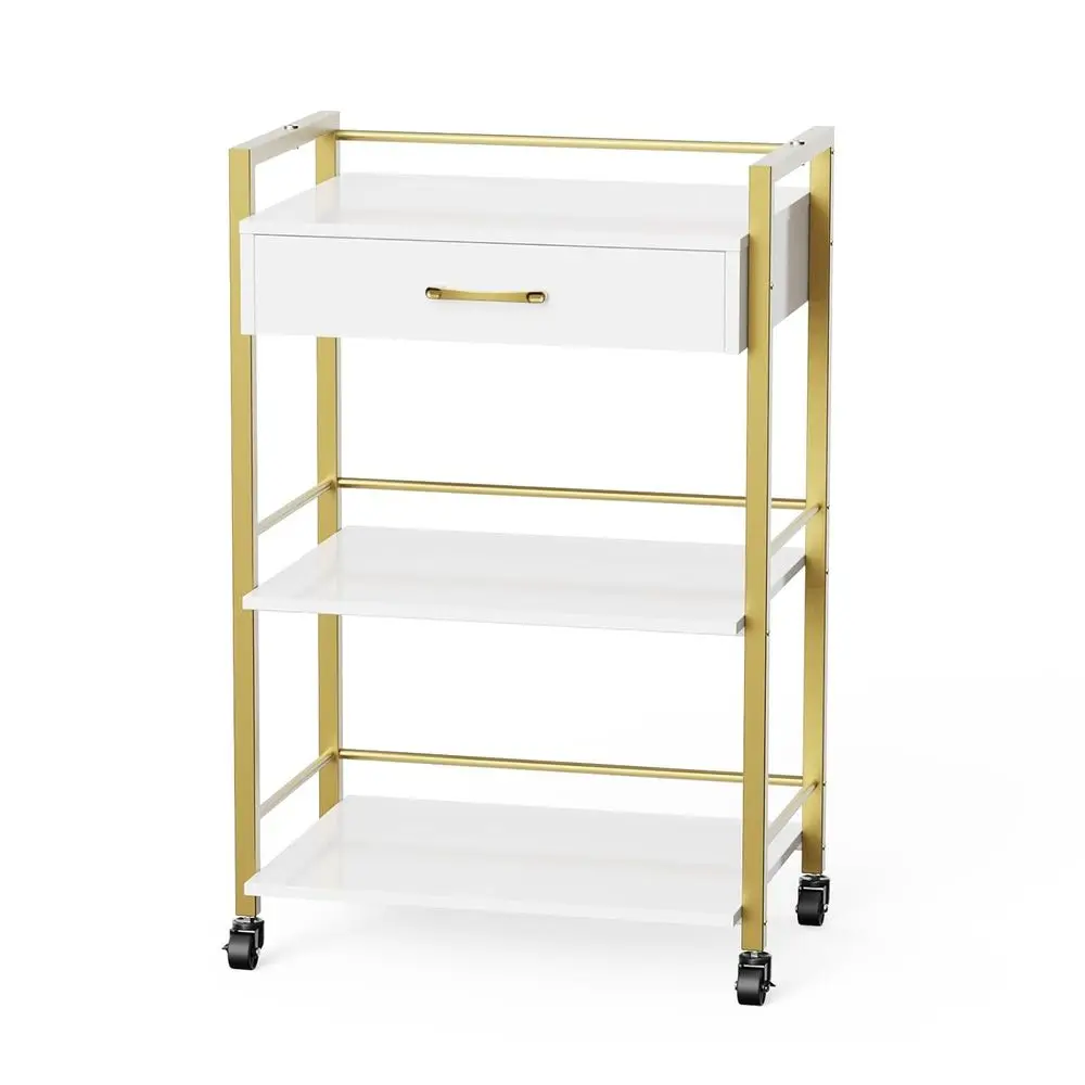

White Gold Mobile Beauty Cart with Drawer and 2 Trays, Ideal for Spa, Massage, Tattoo, and Esthetician Use
