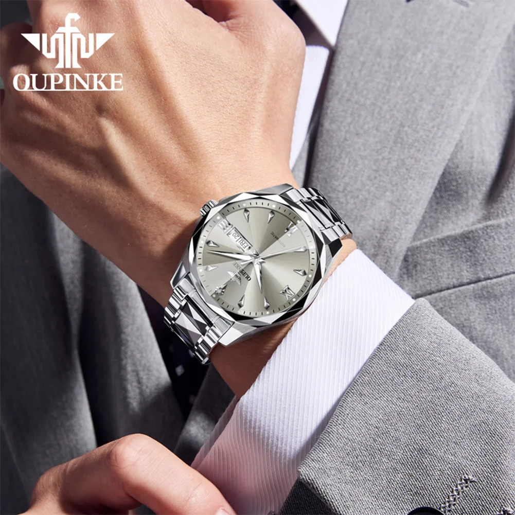 

OUPINKE Men's Watches Casual Luxury Rhombus Mirror Tungsten Steel Original Automatic Mechanical Watch for Man Sapphire Date Week