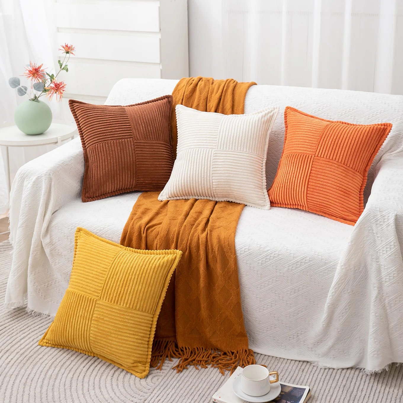 Spliced Throw Pillow Cover Corduroy Cushion Cover Solid Pillowcase for Sofa Living Room Bed Home Autumn Decor