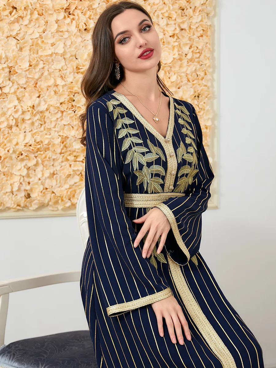 Embroidered Kaftan Arabic Long Dress Women Striped Golden Stamping Belted Evening Dresses Gulf Jalabiya Muslim Party Abaya Dress