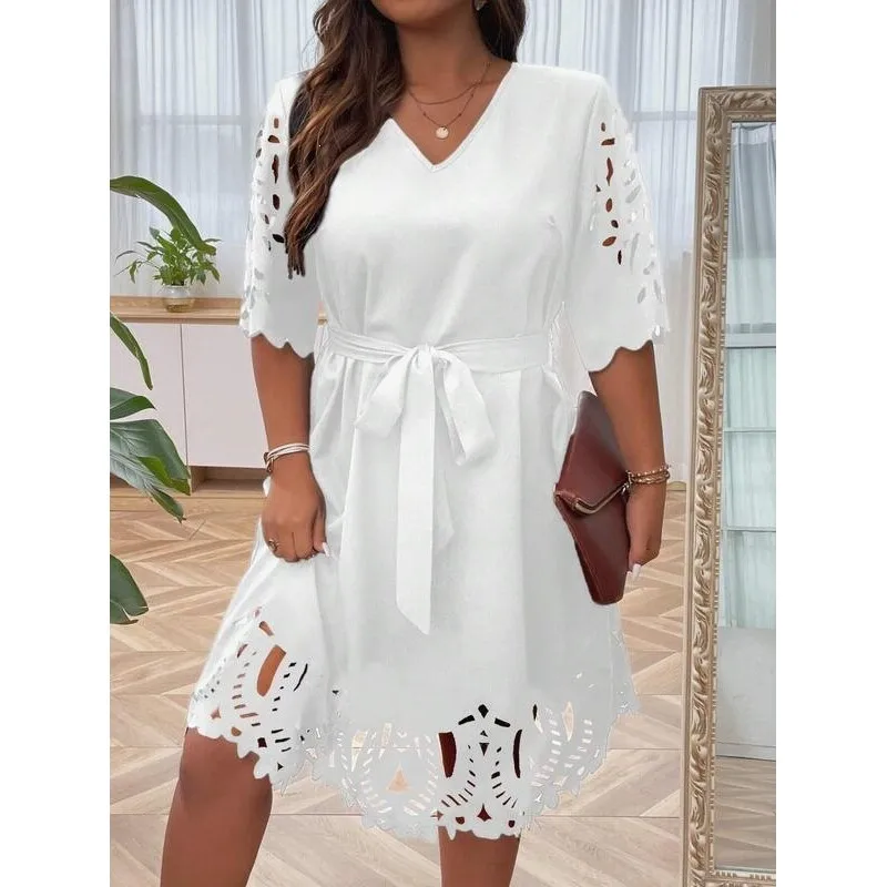 

K 19074 V-neck Lace Midi Dress Hollow out Straight Tube Skirt Citywalk Winter Fashion plus Size Women's Dress