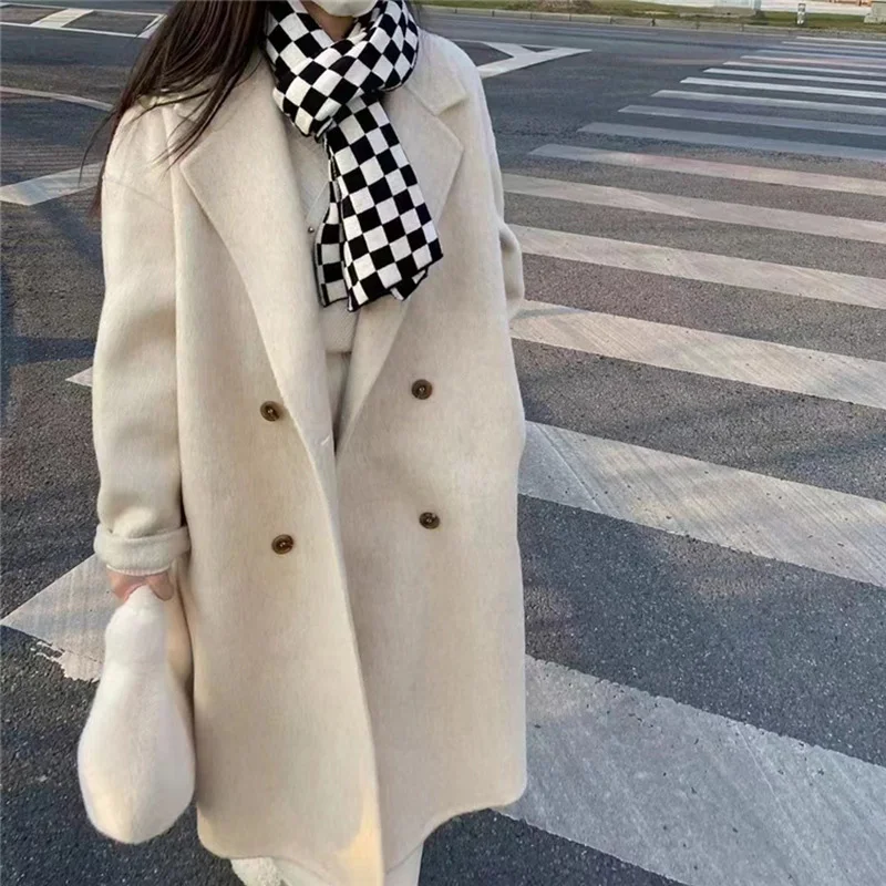 New Mulberry Silk Superfine Wool Coat Thick Double-sided Cashmere Coat Double-breasted Women Lapel Long Winter Wool & Blends