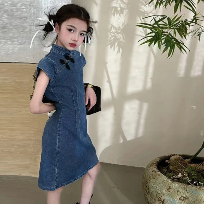 

2024 Korean Summer School Girl Denim Dress Children Girl Back Hollowed Out Cheongsam Dress Junior Girl A-line Dress