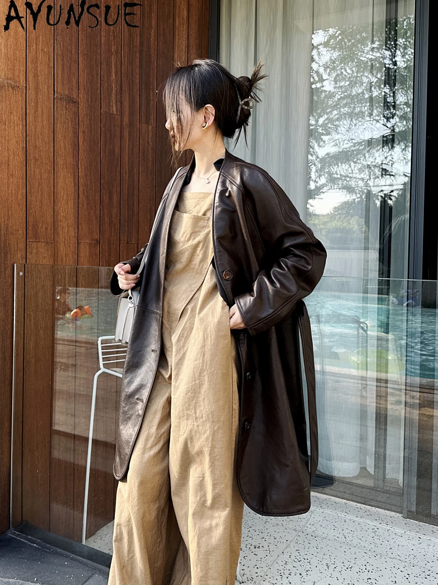 AYUNSUE Real Leather Jacket Women 2025 Genuine Sheepskin Mid-length Trench Coat Autumn Woman Clothes Semi Vegetable Tanning