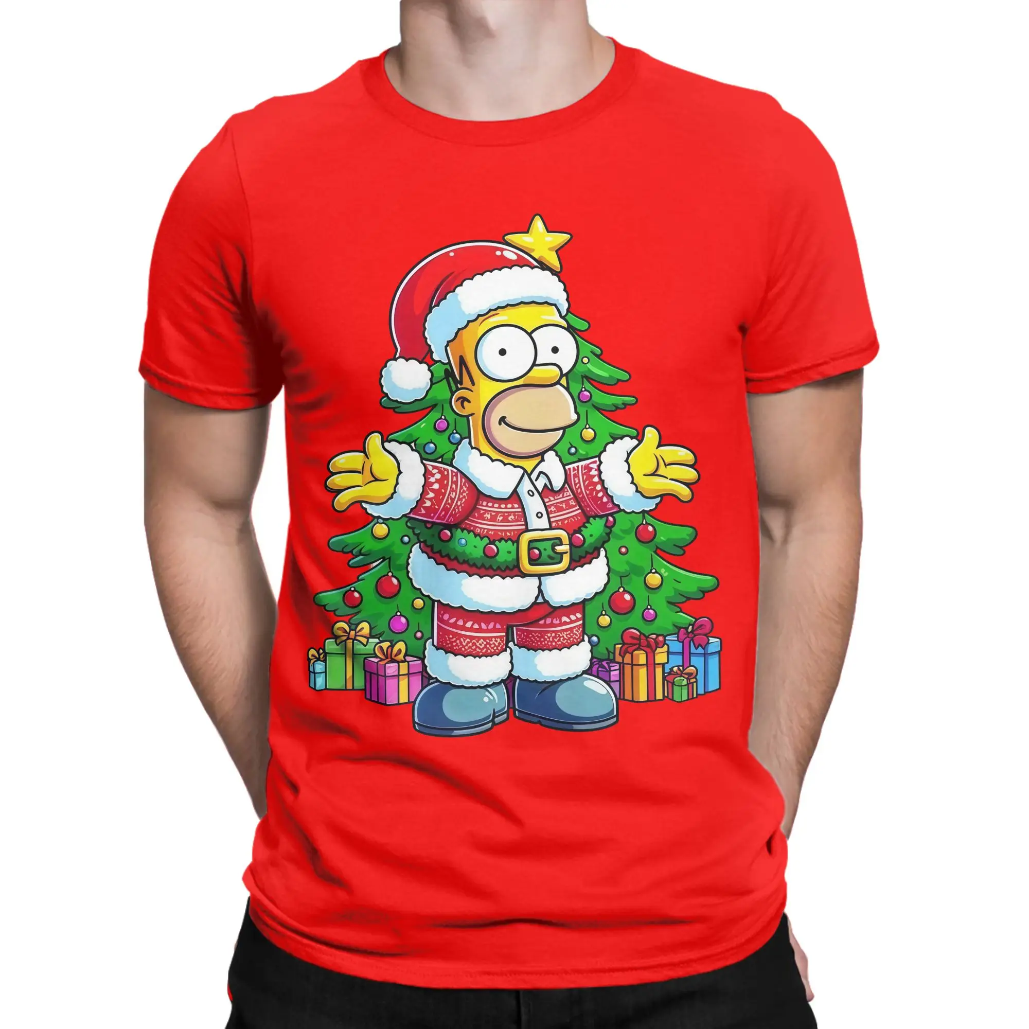 Cartoon S-Simpsons Christmas T-Shirts Men  Novelty Pure Cotton Tee Shirt O Neck Short Sleeve T Shirts Birthday Gift Clothing
