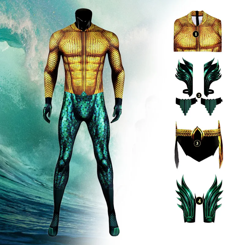 Hochwertiger Overall Film Aquaman Cosplay Zentai Sea King Superheld Goldener Kampfanzug eng anliegender Body