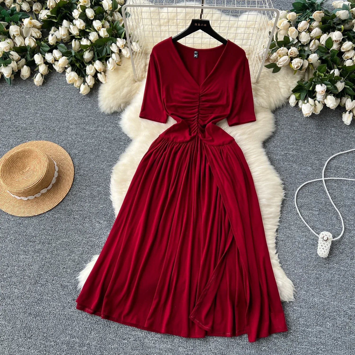 

2024 Summer Vintage V-Neck Split Midi Dress For Women Elegant Short Sleeve High Waist A-Line Slim Green/Red/Purple Vestidos