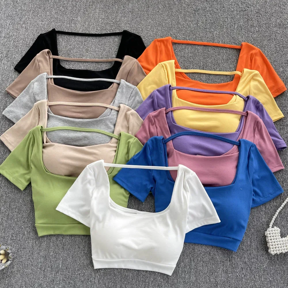 Basic Tshirts for Women Y2k Bras tShirt Short Sleeve Crop Tops Kawaii Korean Style Tee Shirts Woman Solid Color Top Dropshipping