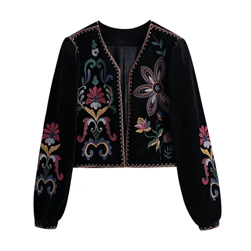 Chaqueta Corta de Terciopelo con Bordado Floral Vintage para Mujer, Cuello en V, Manga Larga, Frente Abierto, Estilo Boho Étnico