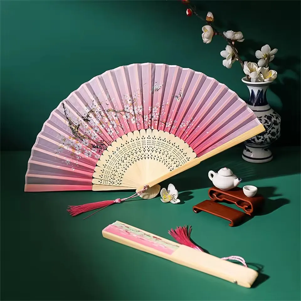 

Folding Fan Chinese Vintage Silk Art Crafts Gift Home Decorations Dance Fan Pink Bamboo Folding Hand Fans For Woman Practical