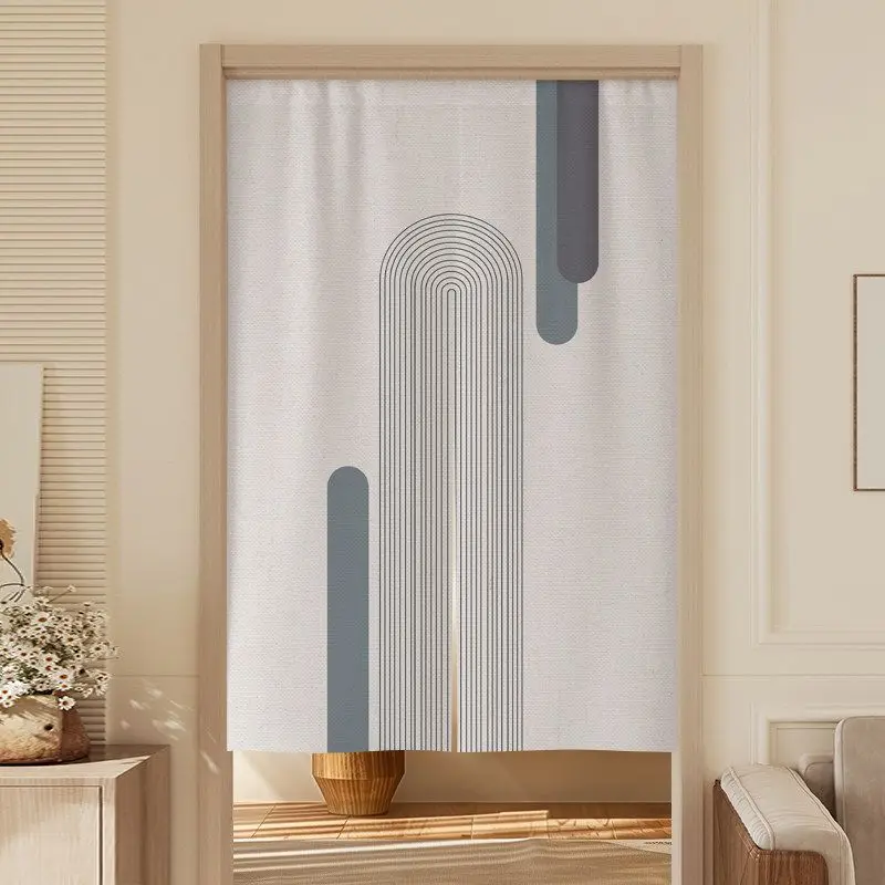 VIKAMA Grey Blue Geometric Arch Line Door Curtain White Background Abstract Curve Color Block Minimalist Nordic Art Linen Noren