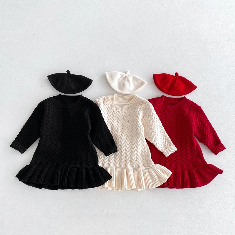 

2024 New Autumn 1-6Yrs Baby Girls Long Sleeved Solid Color Knitting Dress Kids Princess Dresses Children Knitted Clothes
