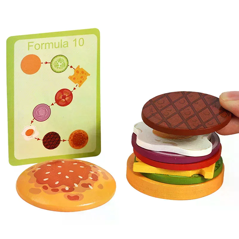 Wooden Hamburg Sandwich Stacking Toys For Toddlers And Kids Montessori Preschool Educational Toys Fine Motor Skill Kitchen Toy