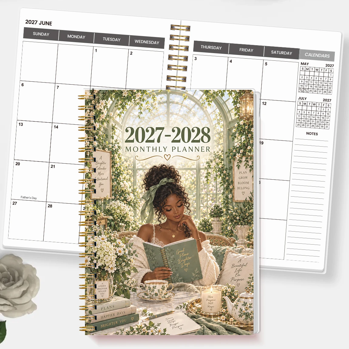 1PC 2027-2028 Monthly Planner Notebook, A5 Green Floral Spiral Calendar with Monthly Notes, for Office, Work & School
