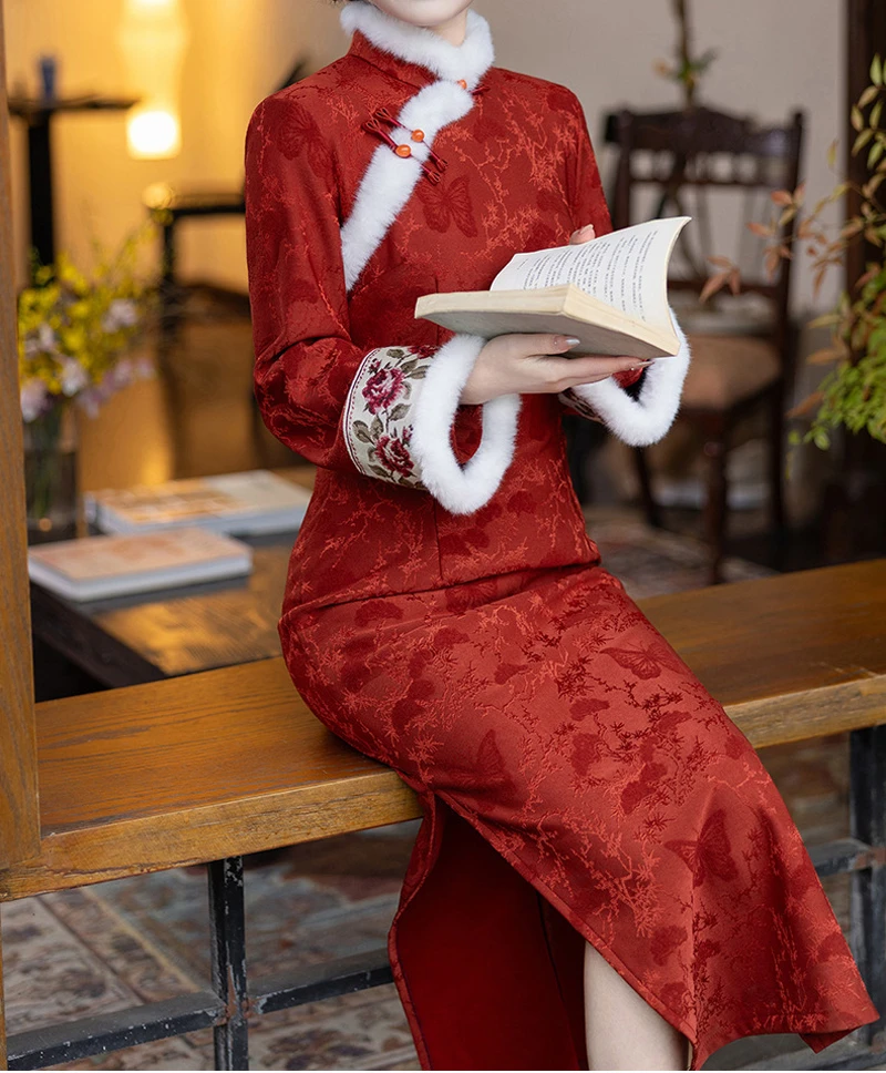 

Новое зимнее вечернее платье в китайском стиле для женщин, с длинным рукавом, в стиле чэсонгам, свадебное платье для тостов невесты, ципао, пышное ханьфу