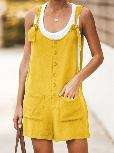 Dames Casual Losse Jumpsuit Zomer Effen Kleur Katoenen Linnen Mouwloze Bandjes Wijde Pijpen Broek Zomer Knoop Overalls Jumpsuits