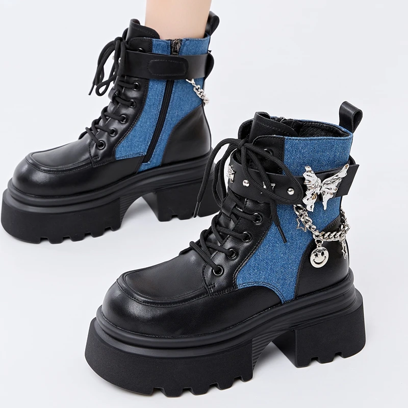 Botas de jinete ligeras informales de moda de inspiración británica con pajarita y parte inferior de plataforma Botas de tobillo de cosplay de tacón grueso