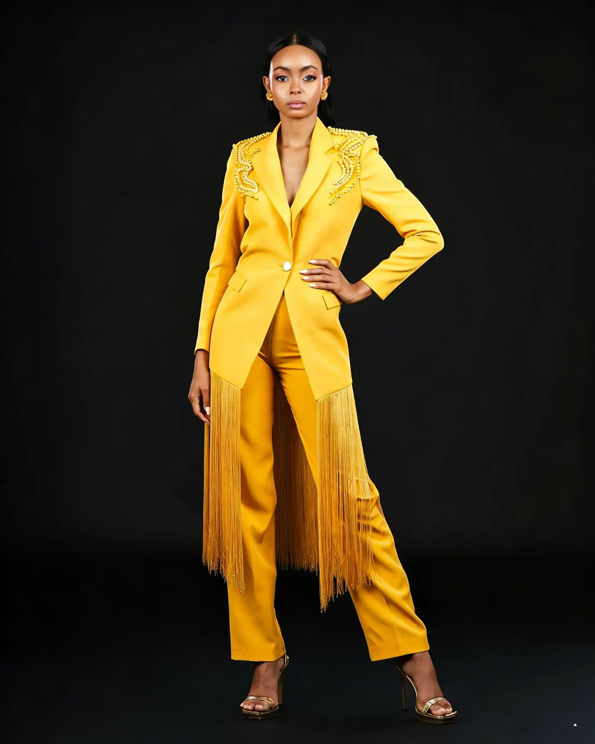 Yellow Tassel Long Women Blazer Suits Plus Size 2 Pieces Slim Fit Beads Mother Suits Customized Party Evening Outfit view 3