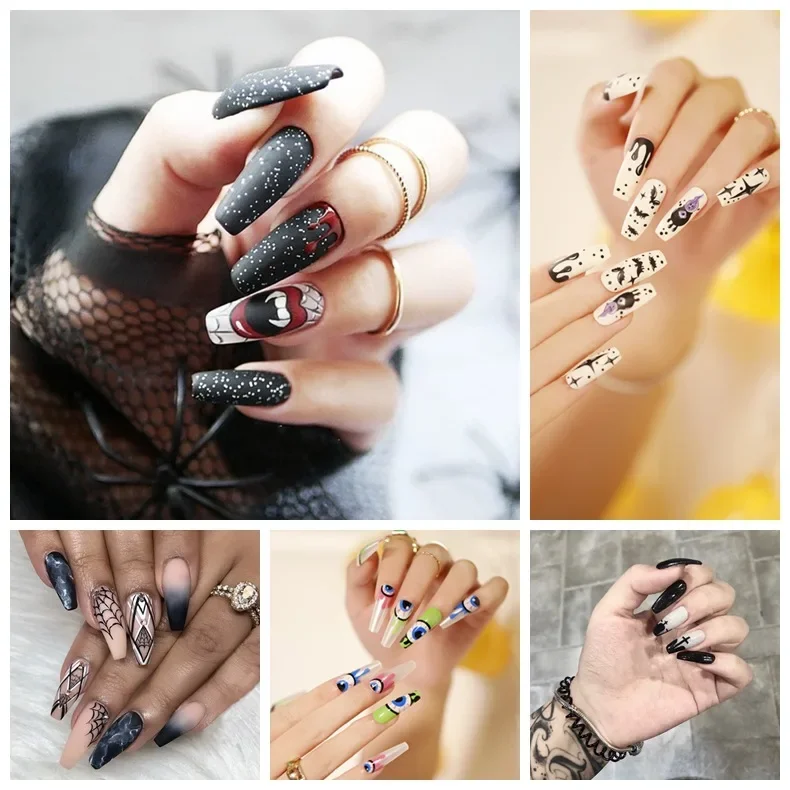 24 Pcs/Set Halloween Long Wearable False Nails Removable Press on Nail Tips Artificial Acrylic Fake Nails Full Coverage Nail Art